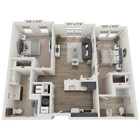 Floor plan for 2 beds, 2 baths, 1127 sqft