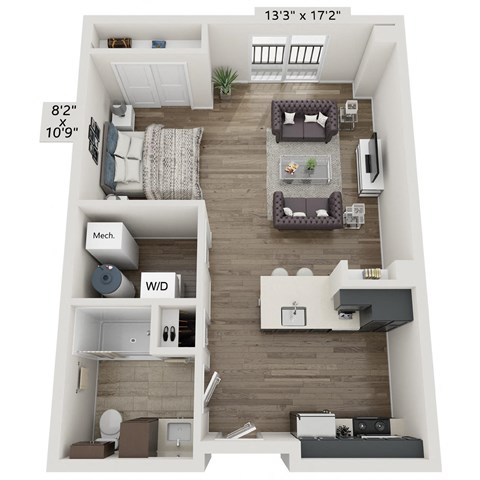 Floor plan for studio, 1 bath, 608 sqft