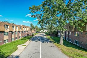 Framingham apartment for rent - Drone view of The Chesterfield and the street running between the buildings.