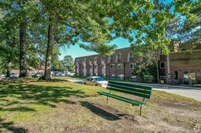 Framingham apartment for rent - Bench area under tree at The Chesterfield apartments with numerous outdoor spaces to unwind.