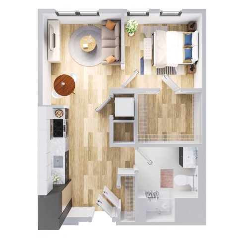 Floor plan for 1 bed, 1 bath, 663 sqft