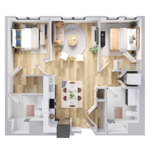 Floor plan for 2 beds, 2 baths, 1045 sqft