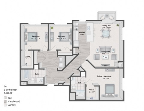 Floor plan for 3 beds, 2 baths, 1370 sqft