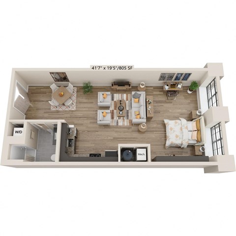 Floor plan for studio, 1 bath, 995 sqft