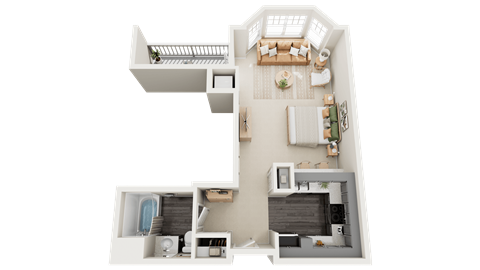 Floor plan for 1 bed, 1 bath, 569 sqft