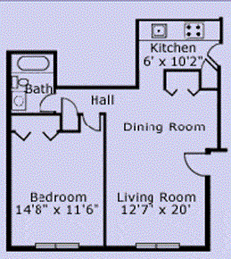 Floor plan for 1 bed, 1 bath, 529 sqft