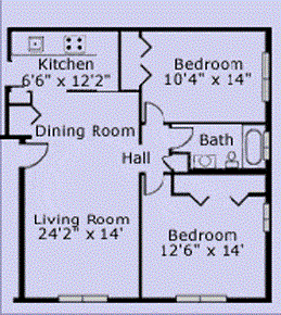 Floor plan for 2 beds, 1 bath, 839 sqft