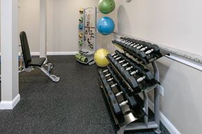 Hanover apartment for rent - A gym with a bench, weights, and a ball.