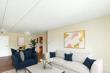 Framingham apartment for rent - A living room with a blue couch and a white couch.