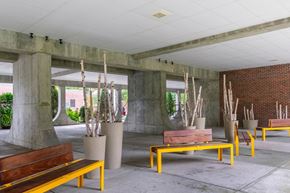 Framingham apartment for rent - A concrete patio with benches and trees at Edmands House, Framingham, 01701