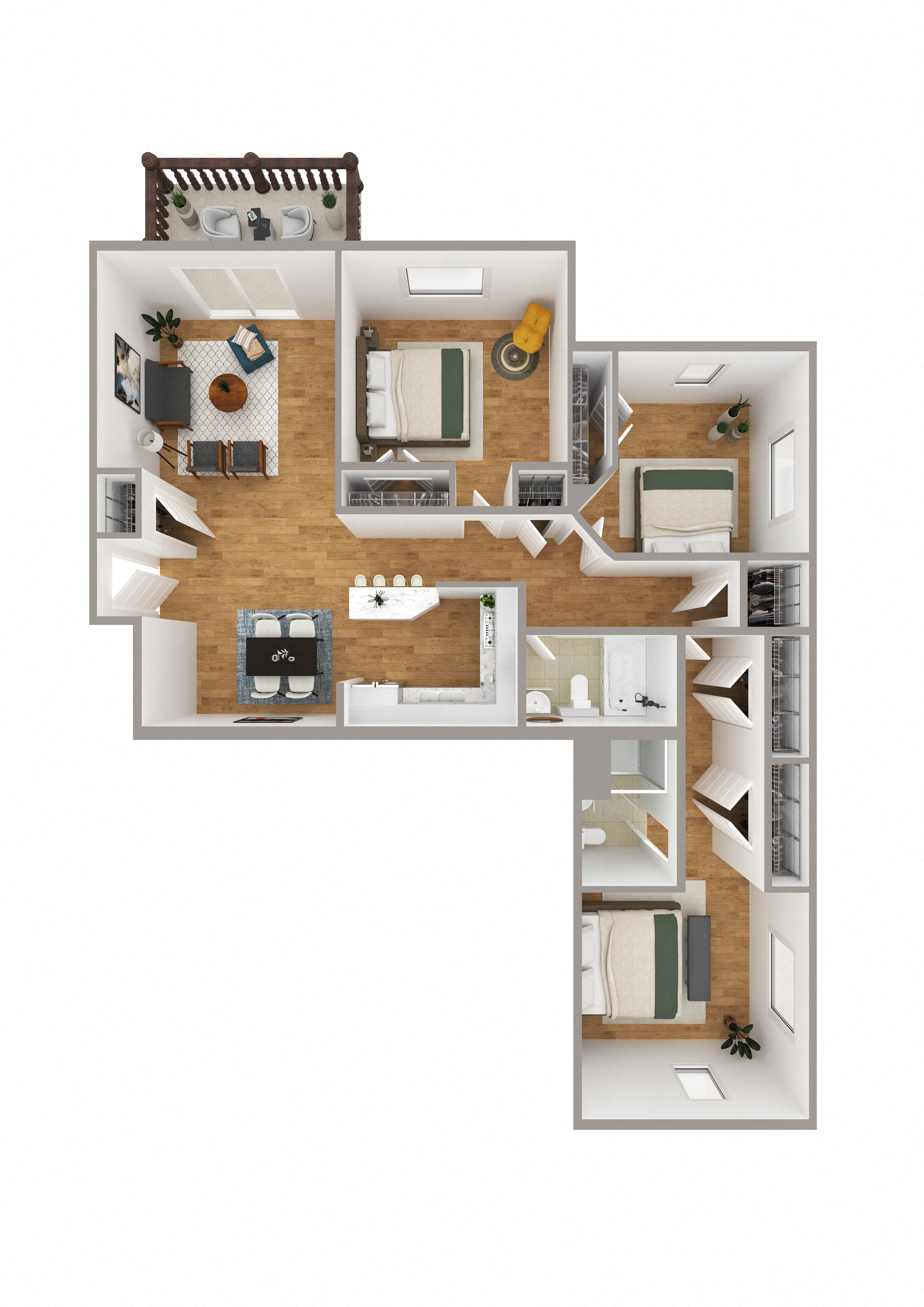 Floor plan for 3 beds, 2 baths, 1185 sqft
