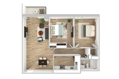 Floor plan for 2 beds, 1 bath, 879 sqft