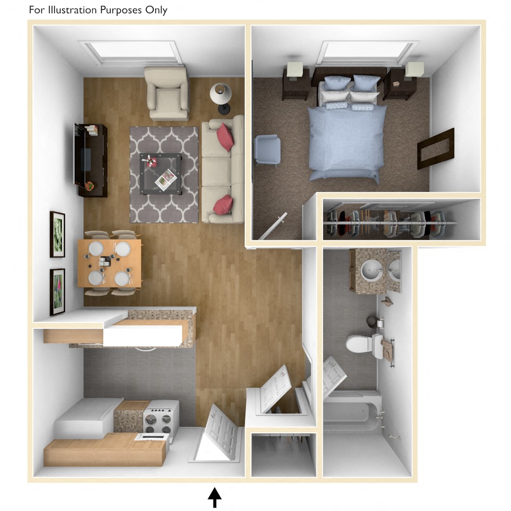 Floor plan for 1 bed, 1 bath, 540 sqft