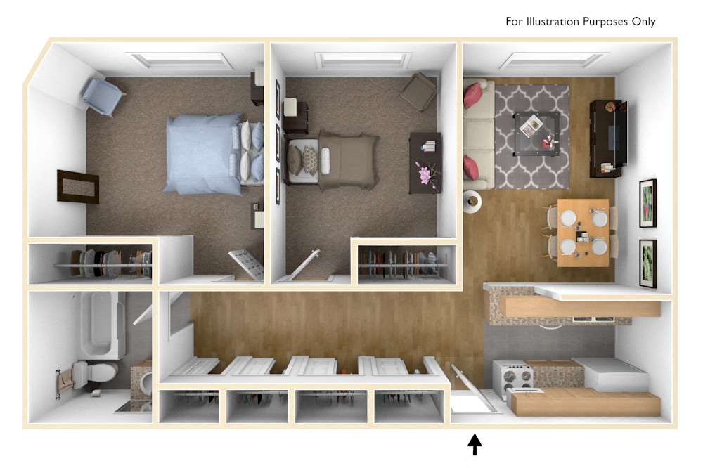Floor plan for 2 beds, 1 bath, 950 sqft