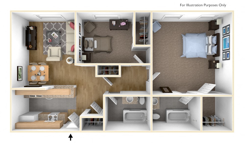 Floor plan for 2 beds, 2 baths, 880 sqft