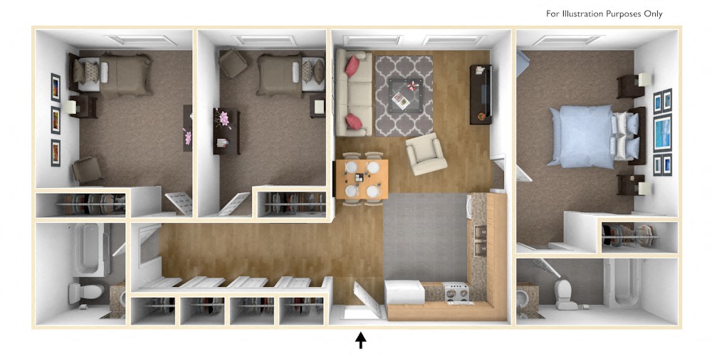 Floor plan for 3 beds, 2 baths, 1385 sqft