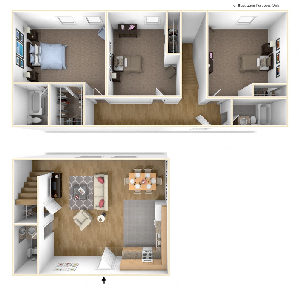Floor plan for 3 beds, 2.5 baths, 1400 sqft