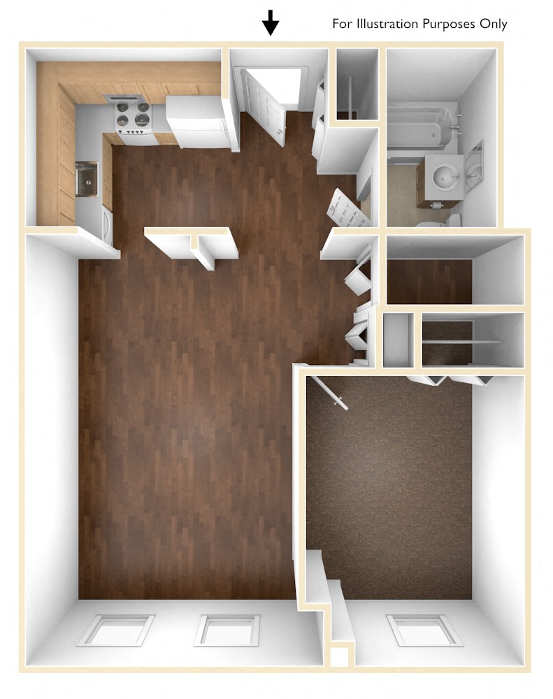 Floor plan for 1 bed, 1 bath, 647 sqft