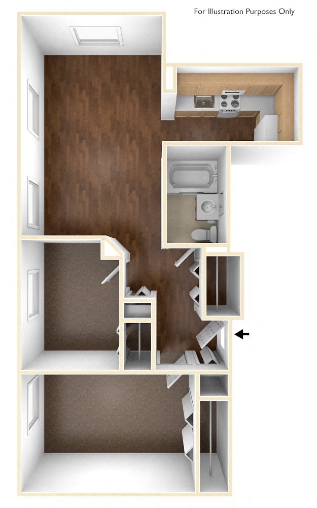 Floor plan for 2 beds, 1 bath, 736 sqft