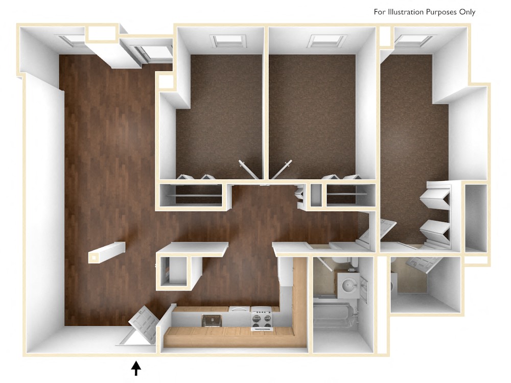 Floor plan for 3 beds, 2 baths, 684 sqft