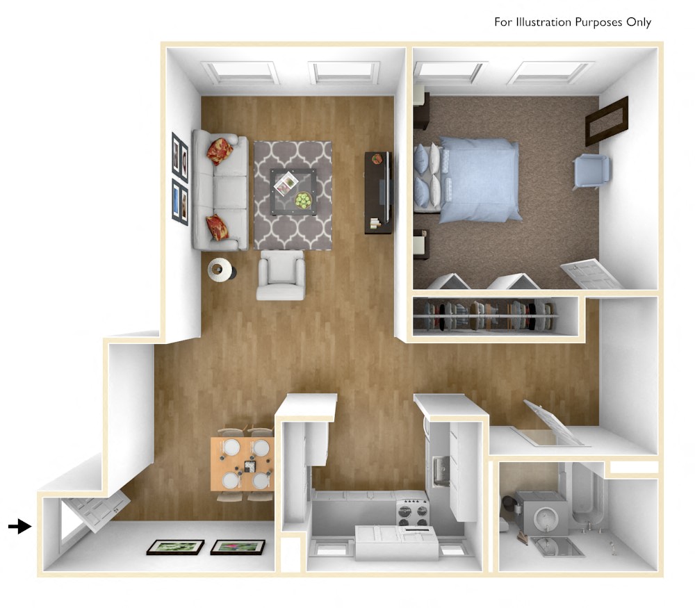Floor plan for 1 bed, 1 bath, 750 sqft