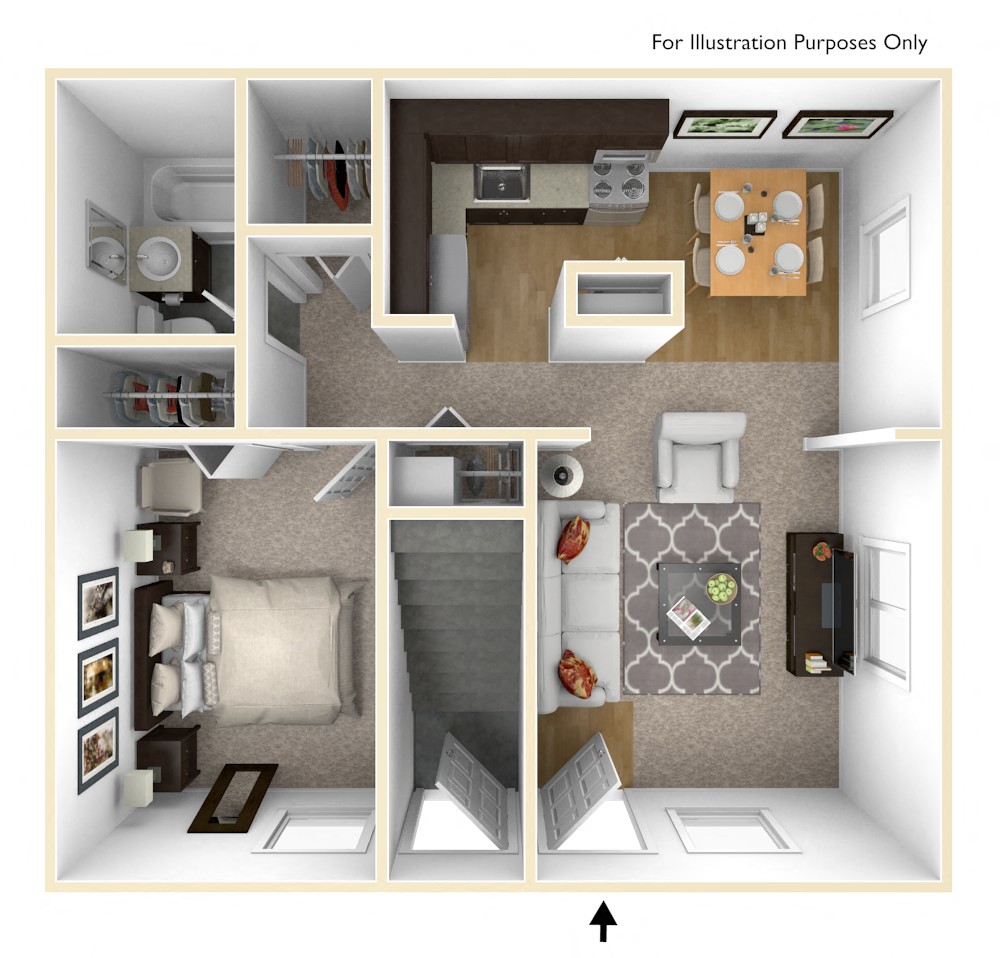 Floor plan for 1 bed, 1 bath, 587 sqft