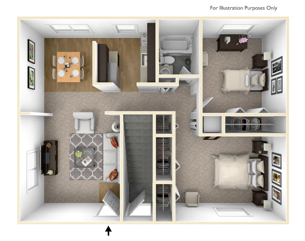 Floor plan for 2 beds, 1 bath, 866 sqft