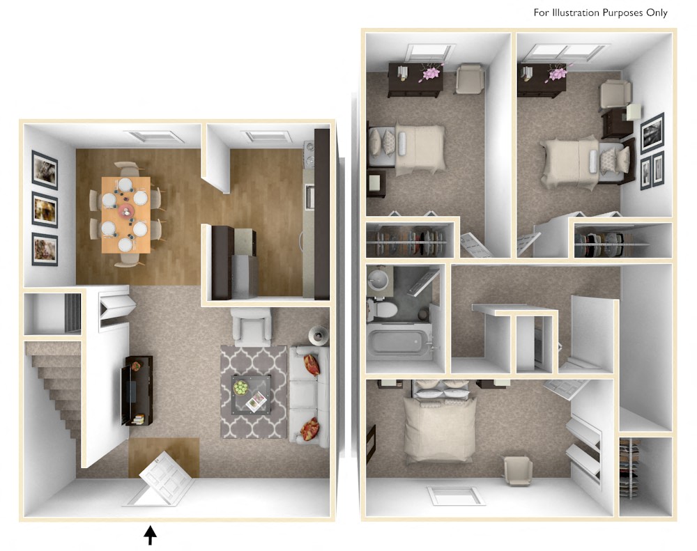 Floor plan for 3 beds, 1 bath, 986 sqft