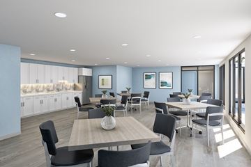 Pittsburgh apartment for rent - A modern dining room with a long table and chairs.