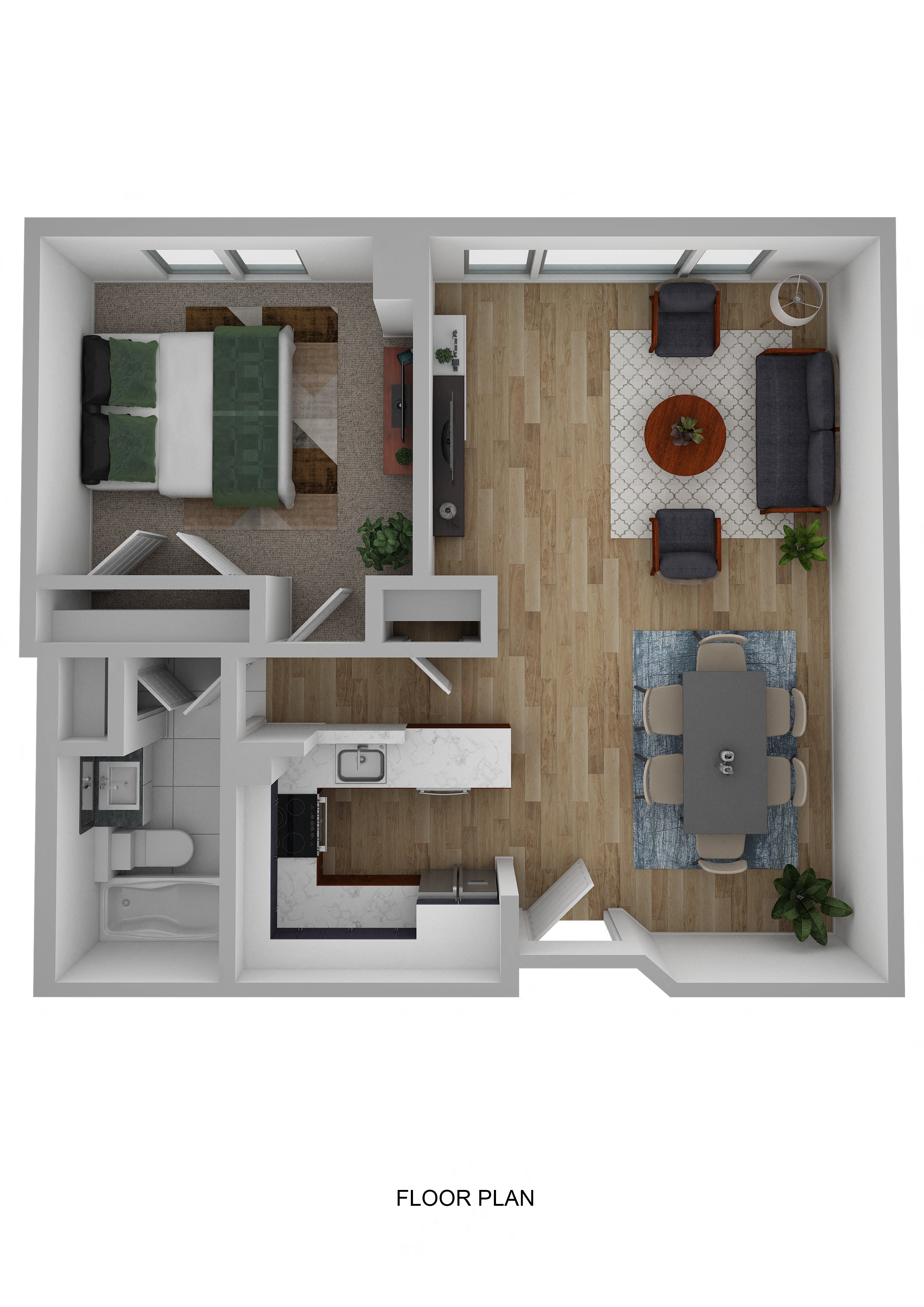 Floor plan for 1 bed, 1 bath, 668 sqft