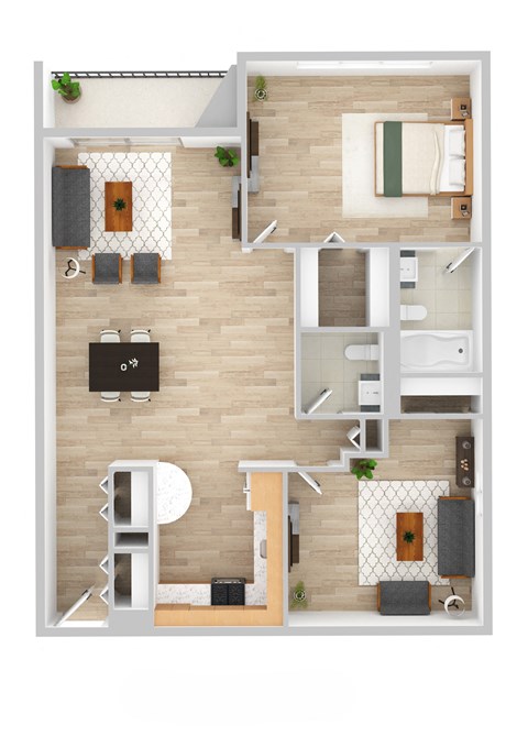 Floor plan for 1 bed, 1.5 baths, 878 sqft