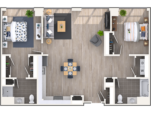 Floor plan for 2 beds, 2 baths, 1050 sqft