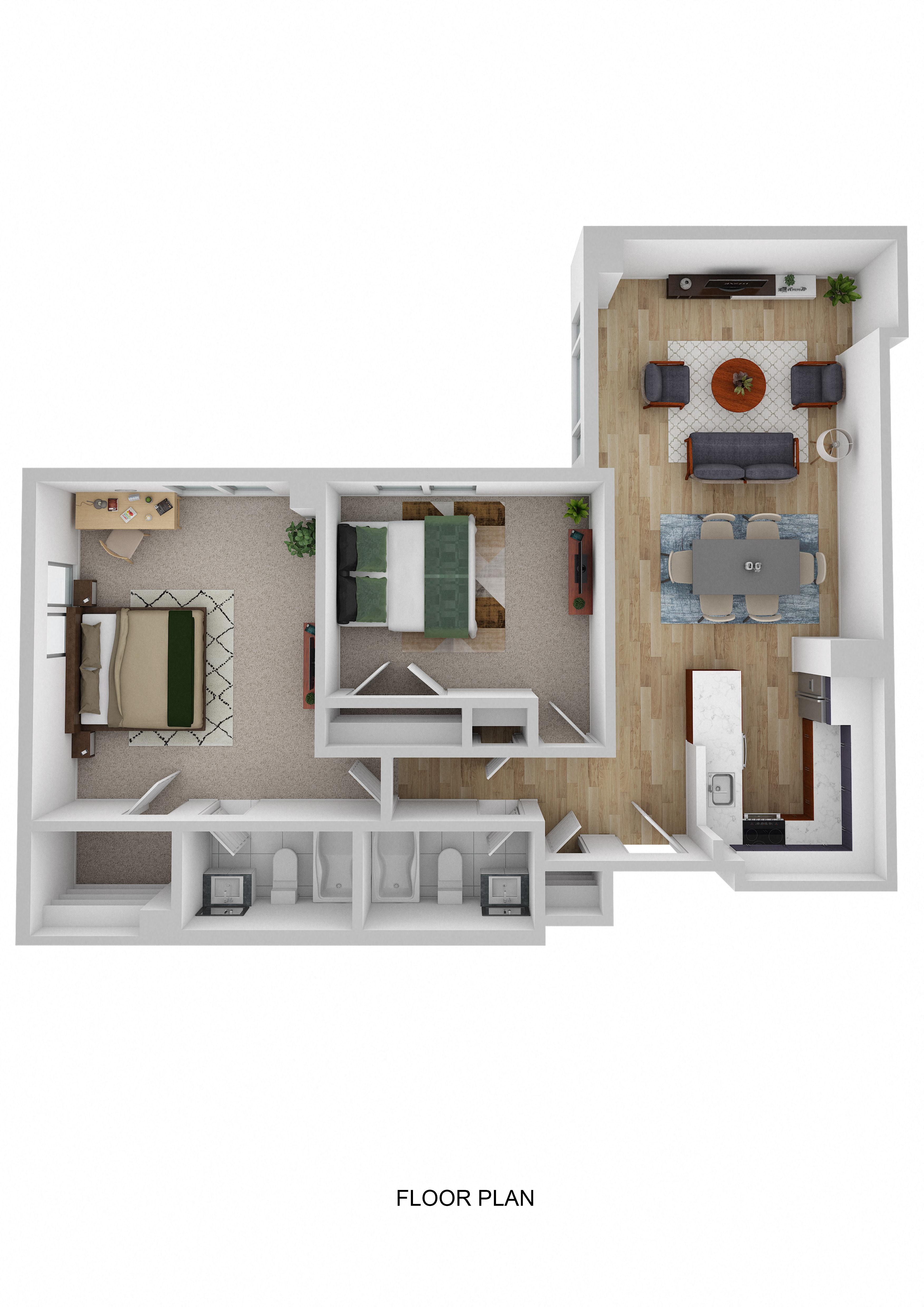 Floor plan for 2 beds, 2 baths, 1115 sqft