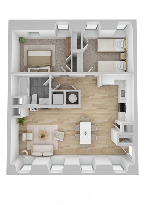 Floor plan for 2 beds, 1 bath, 858 sqft