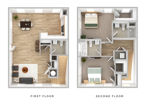 Floor plan for 2 beds, 2.5 baths, 1260 sqft