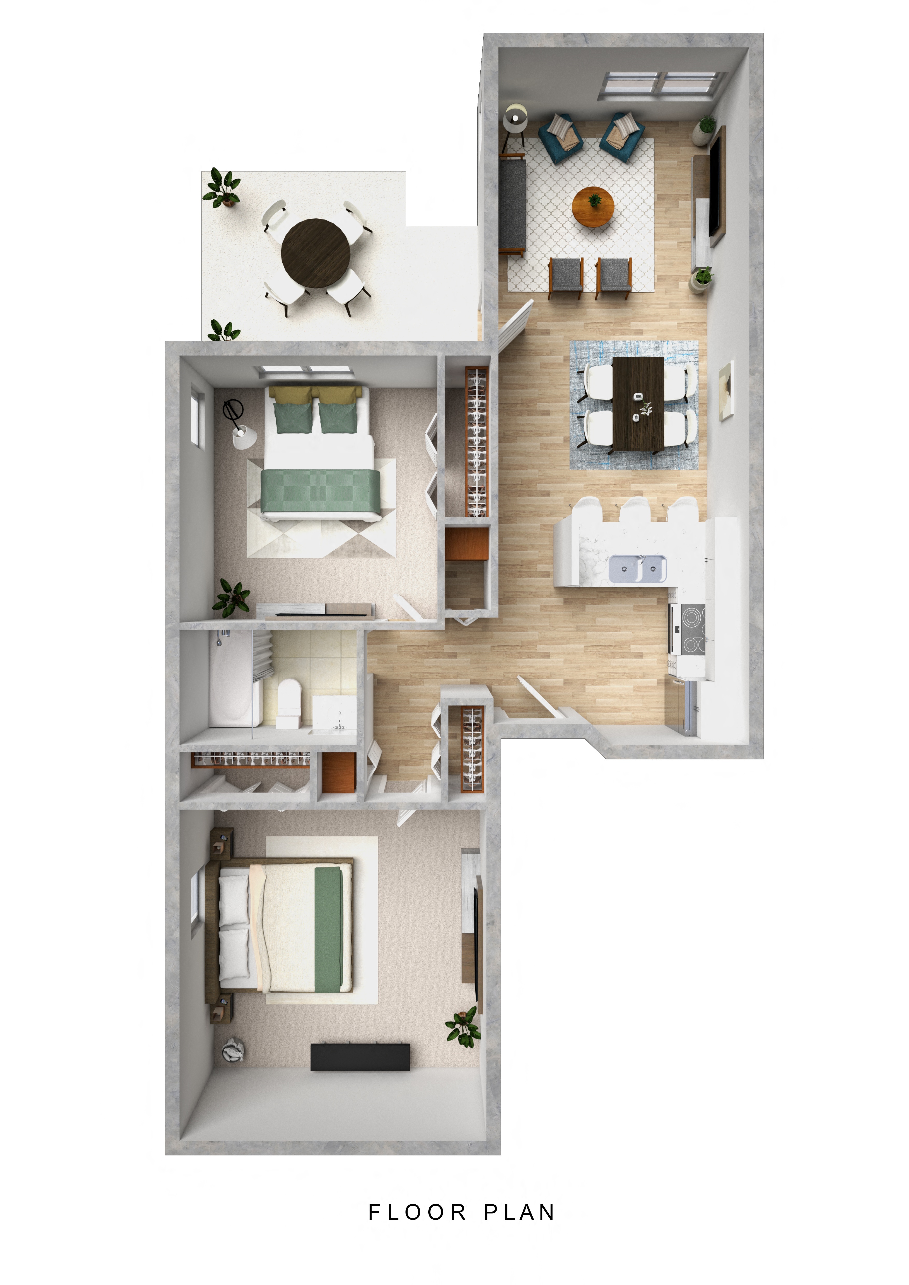 Floor plan for 2 beds, 1 bath, 835 sqft