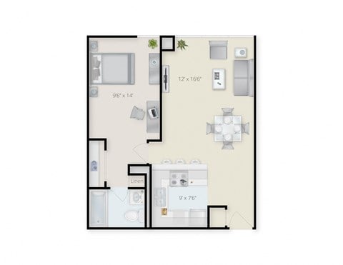 Floor plan for 1 bed, 1 bath, 572 sqft