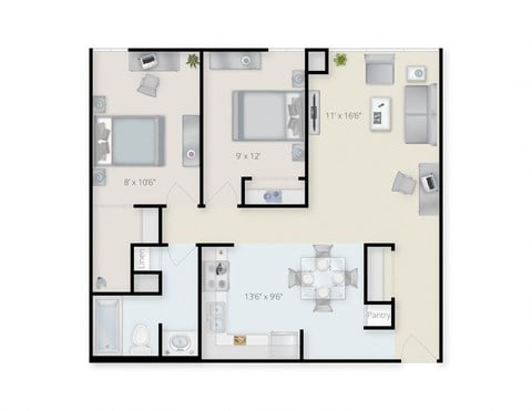Floor plan for 2 beds, 1 bath, 780 sqft