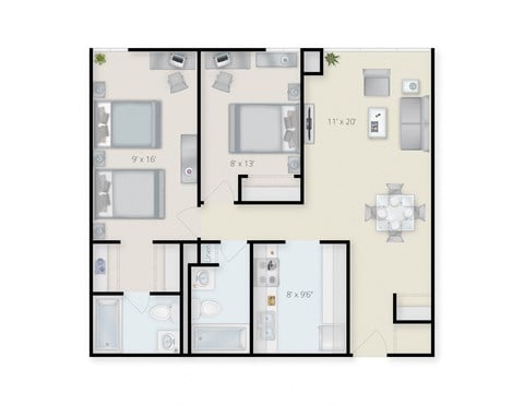 Floor plan for 2 beds, 2 baths, 780 sqft