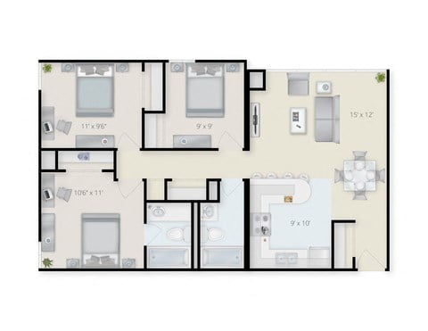 Floor plan for 3 beds, 2 baths, 924 sqft