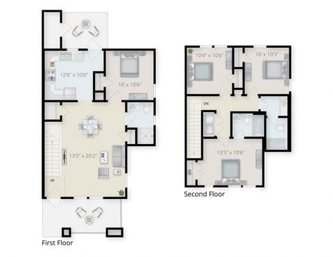 Floor plan for 4 beds, 3 baths, 1342 sqft