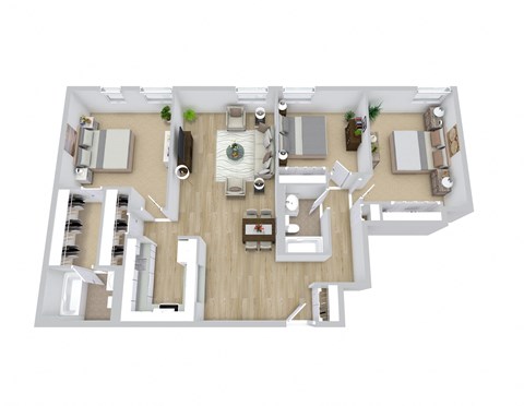 Floor plan for 3 beds, 2 baths, 684 sqft