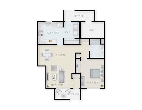 Floor plan for 1 bed, 1 bath, 927 sqft