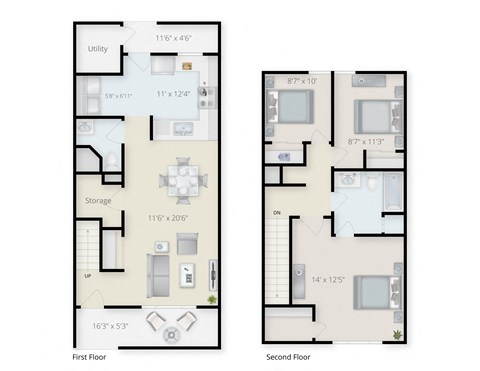 Floor plan for 3 beds, 2 baths, 1297 sqft