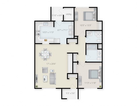 Floor plan for 2 beds, 2 baths, 1126 sqft