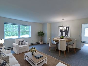 Ulster Park apartment for rent - A living room with a white couch, a coffee table, a dining table with chairs, and a potted plant.