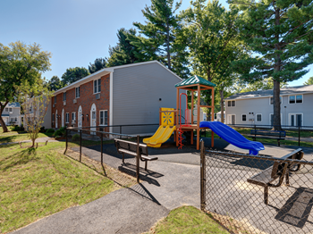 A playground with a yellow slide and a blue slide.