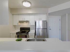 New Haven apartment for rent - a kitchen with white counters and a stainless steel refrigerator at Ninth Square Apartments, New Haven, CT