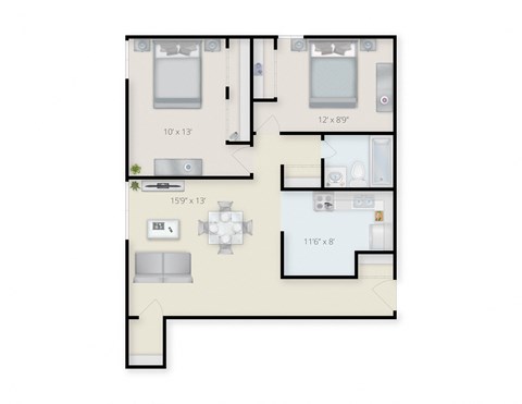 Floor plan for 2 beds, 1 bath, 700 sqft