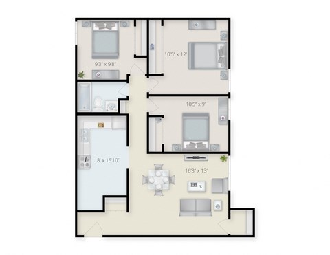 Floor plan for 3 beds, 1 bath, 875 sqft